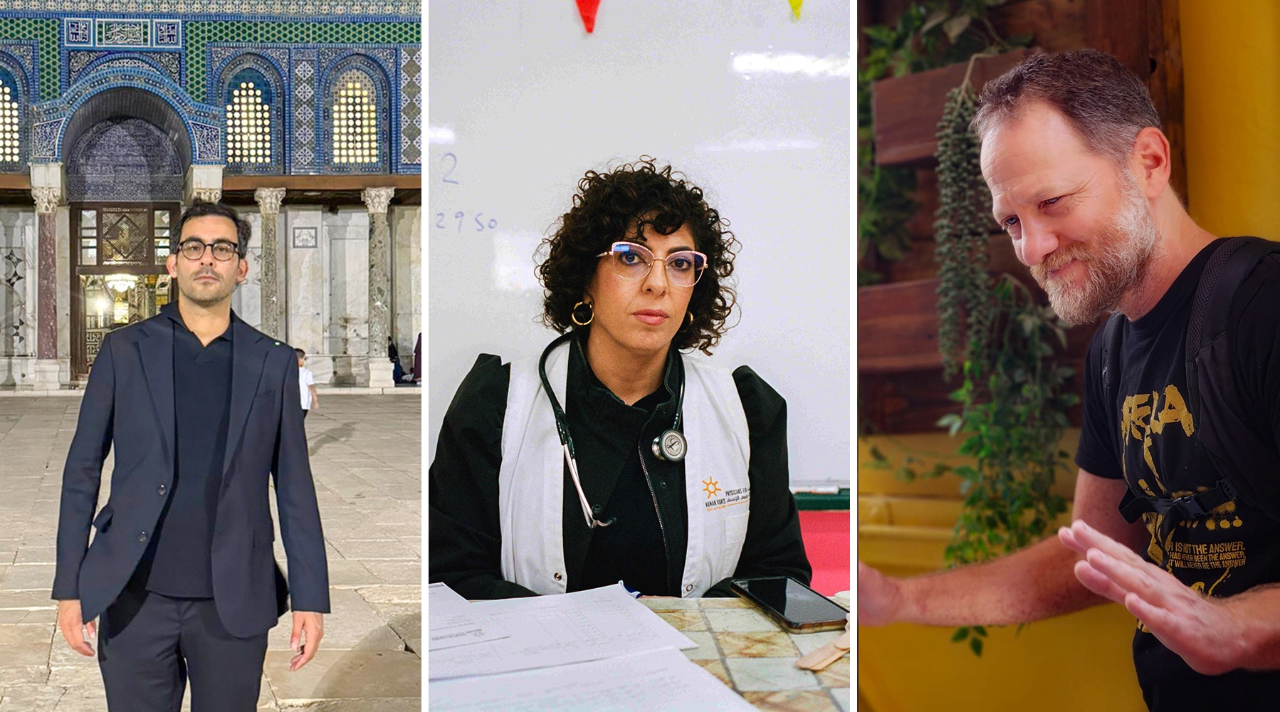From left: Yousef Bashir, who as a teen was shot by an Israeli soldier in Gaza and nearly paralyzed;  Dr. Lina Qasem Hassan, an Israeli Palestinian who is chair of Physicians for Human Rights-Israel, a group that advocates for the health of Jews and Palestinians alike; and Maoz Inon, whose parents died in the Hamas attack of Oct. 7.